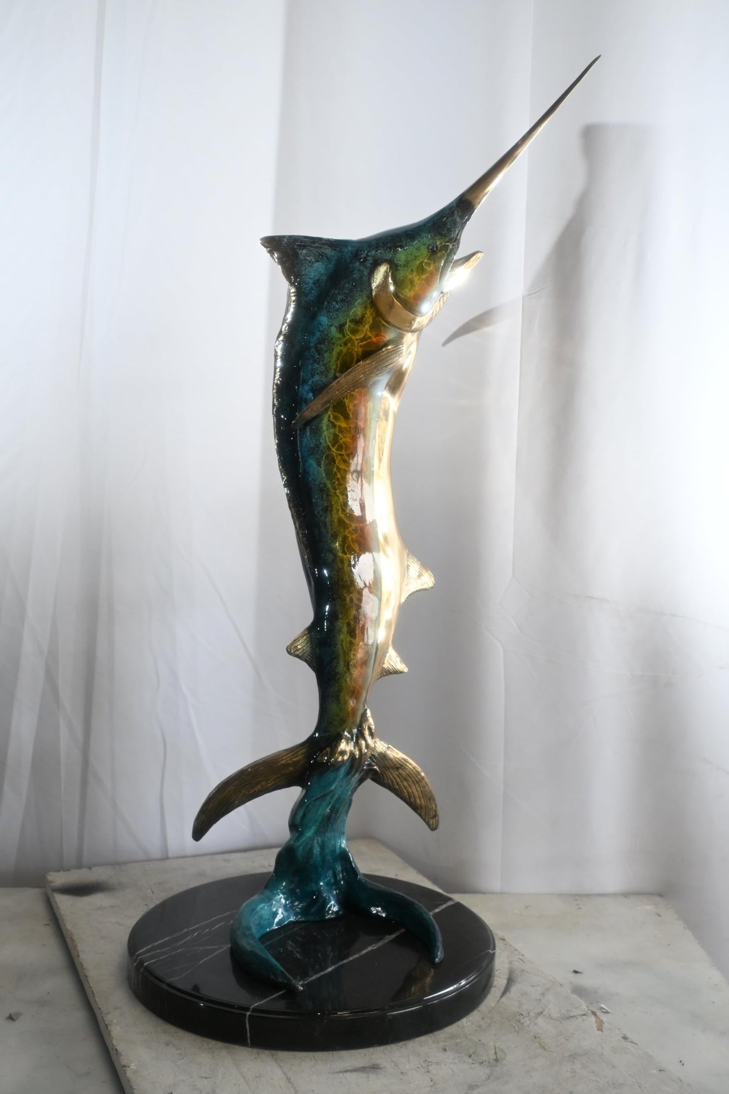 Leaping Marlin on Wave Bronze Sculpture Marble Base 14"x14"x41"H