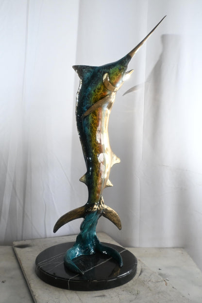 Leaping Marlin on Wave Bronze Sculpture Marble Base 14"x14"x41"H