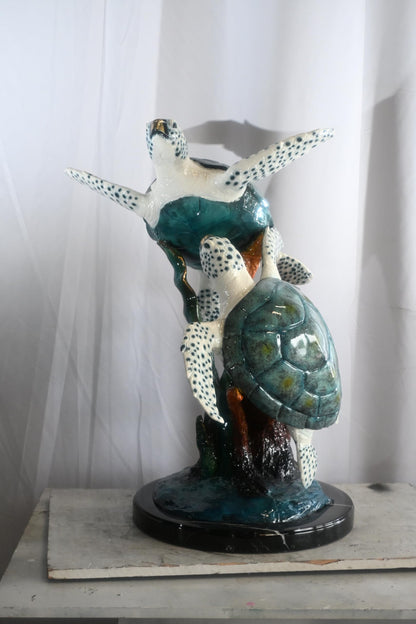 Two Sea Turtles on Coral Reef Bronze Sculpture Teal 17"x18"x33"H