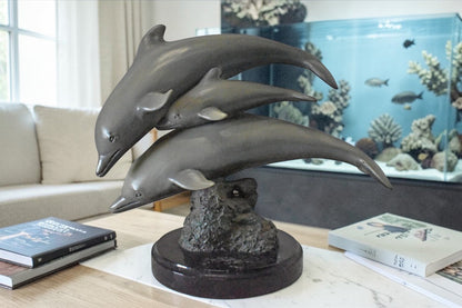 Three Grey Dolphins Swimming Bronze Statue on Marble - Size: 16"L x 9"W x 13"H.