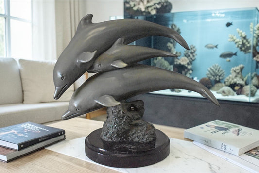 Three Grey Dolphins Swimming Bronze Statue on Marble - Size: 16"L x 9"W x 13"H.