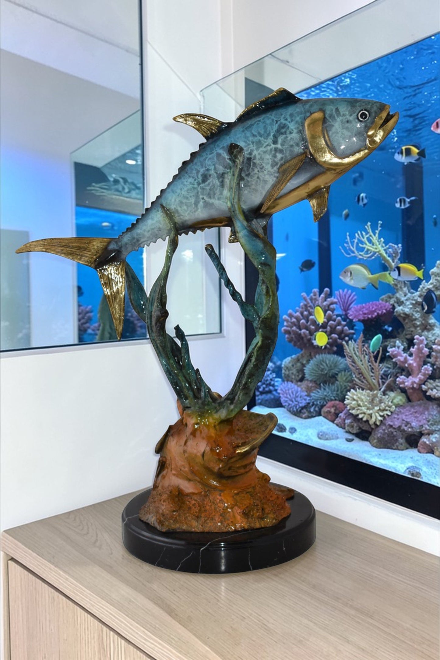 Tuna Fish Swimming in The Ocean Bronze Statue Size: 11" x 21" x 25"H