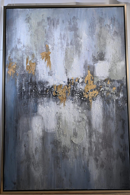 Golden Abstract Canvas Painting Gray Gold Framed Art 61"x41"