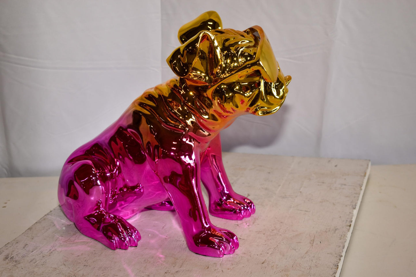 Ombre Pink Chrome Colored Bulldog Resin Statue 16" x 9" x 13"H