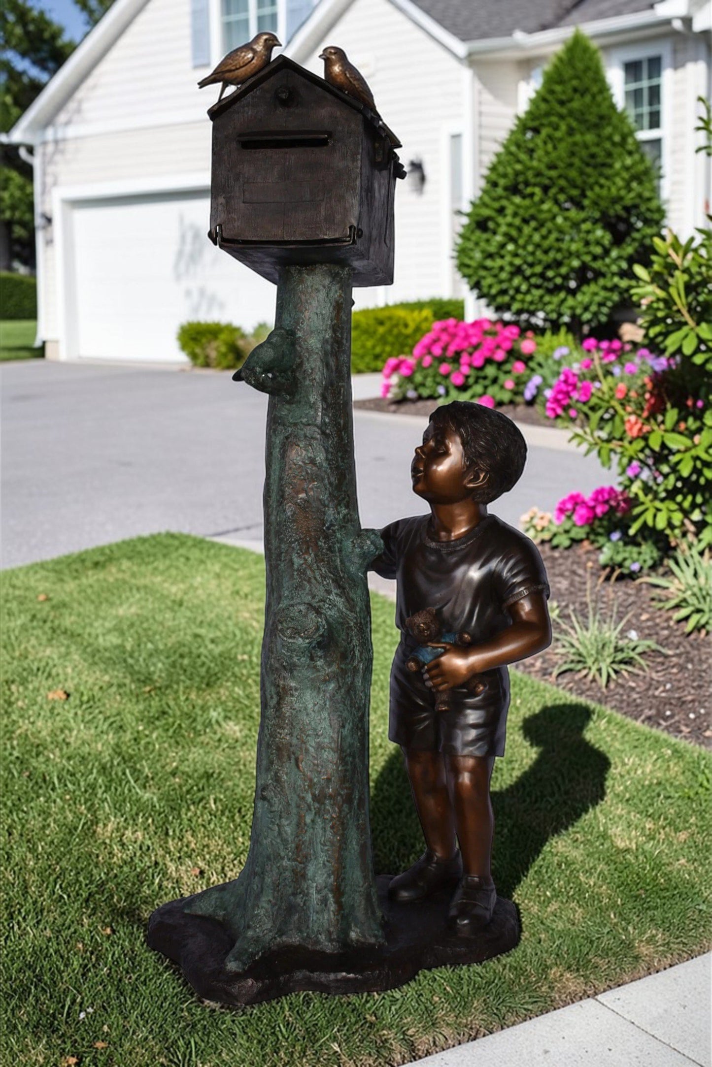 A Boy Standing by His Mailbox Looking at Birds Bronze Statue  25" x 22" x 51"H.