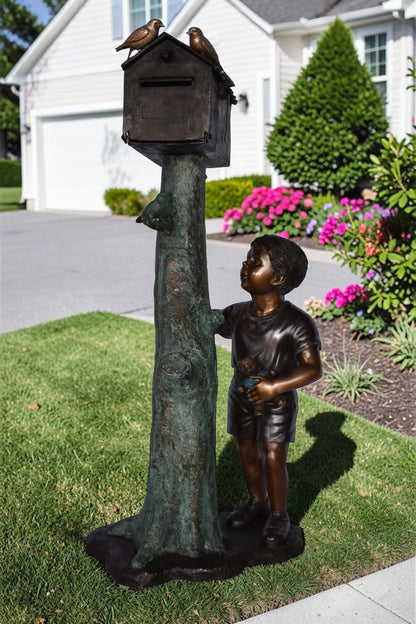 A Boy Standing by His Mailbox Looking at Birds Bronze Statue  25" x 22" x 51"H.