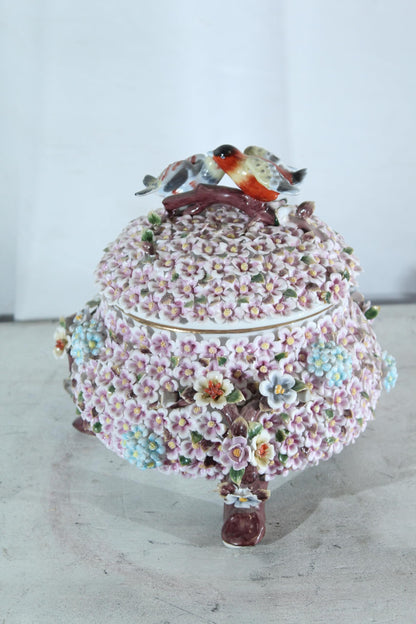 NIFAO Porcelain floral covered box with birds on lid 10"x10"x11"H