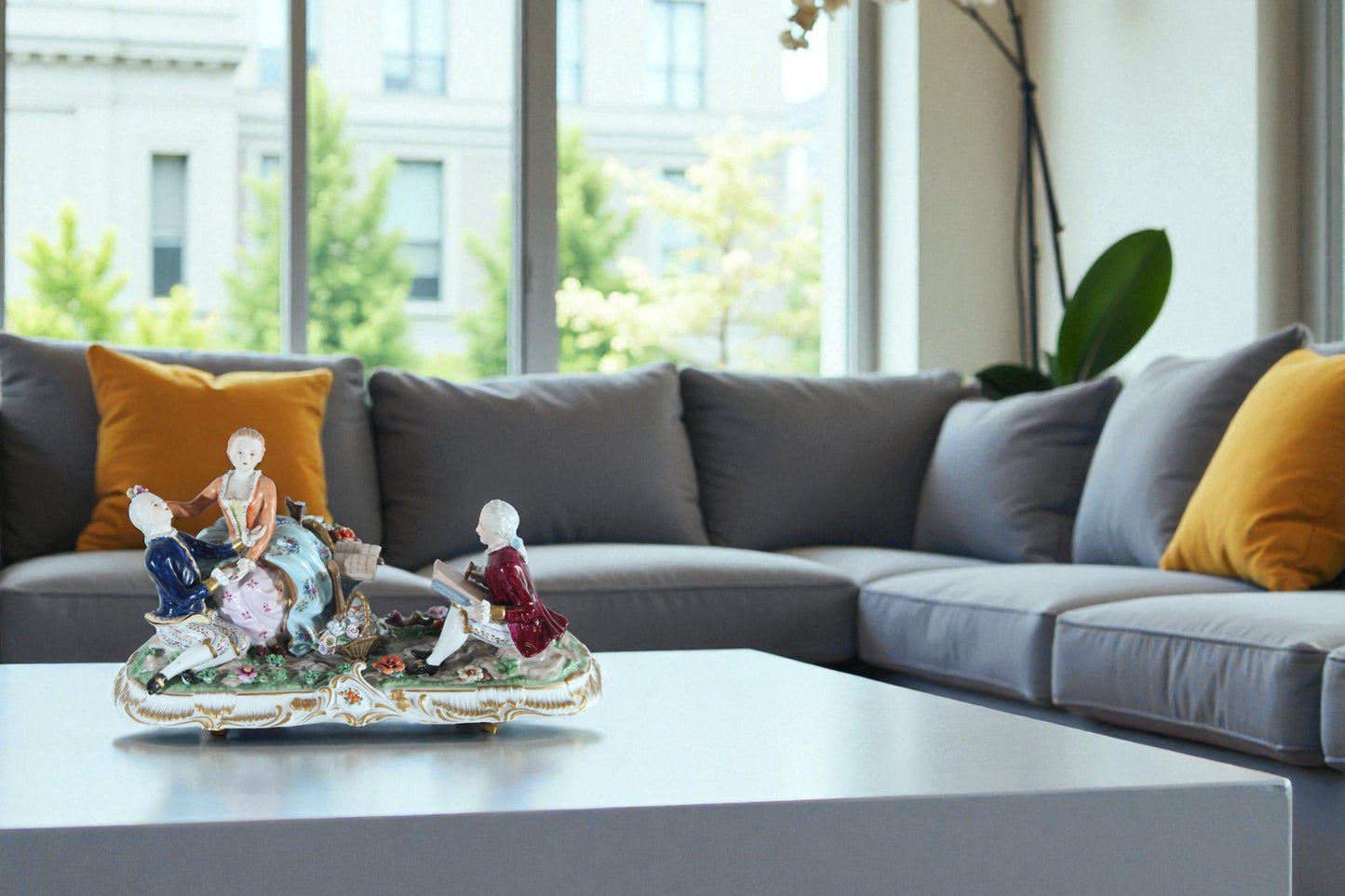 NIFAO Porcelain Rococo Courting Trio Figurine — Artist & Couple 20" x 8" x 10"H