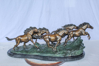 Running Horses Bronze Statue on Marble Base 47" x 20" x 17"H