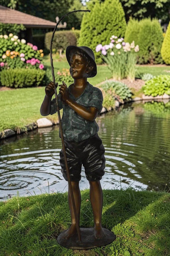 Boy with fishing rod  bronze statue -  Size: 11"L x 14"W x 44"H.