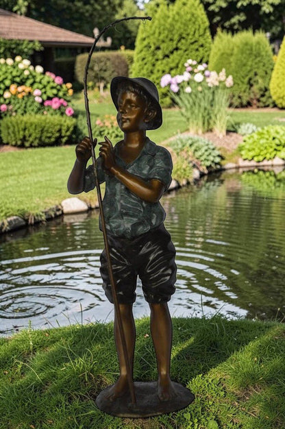 Boy with fishing rod  bronze statue -  Size: 11"L x 14"W x 44"H.