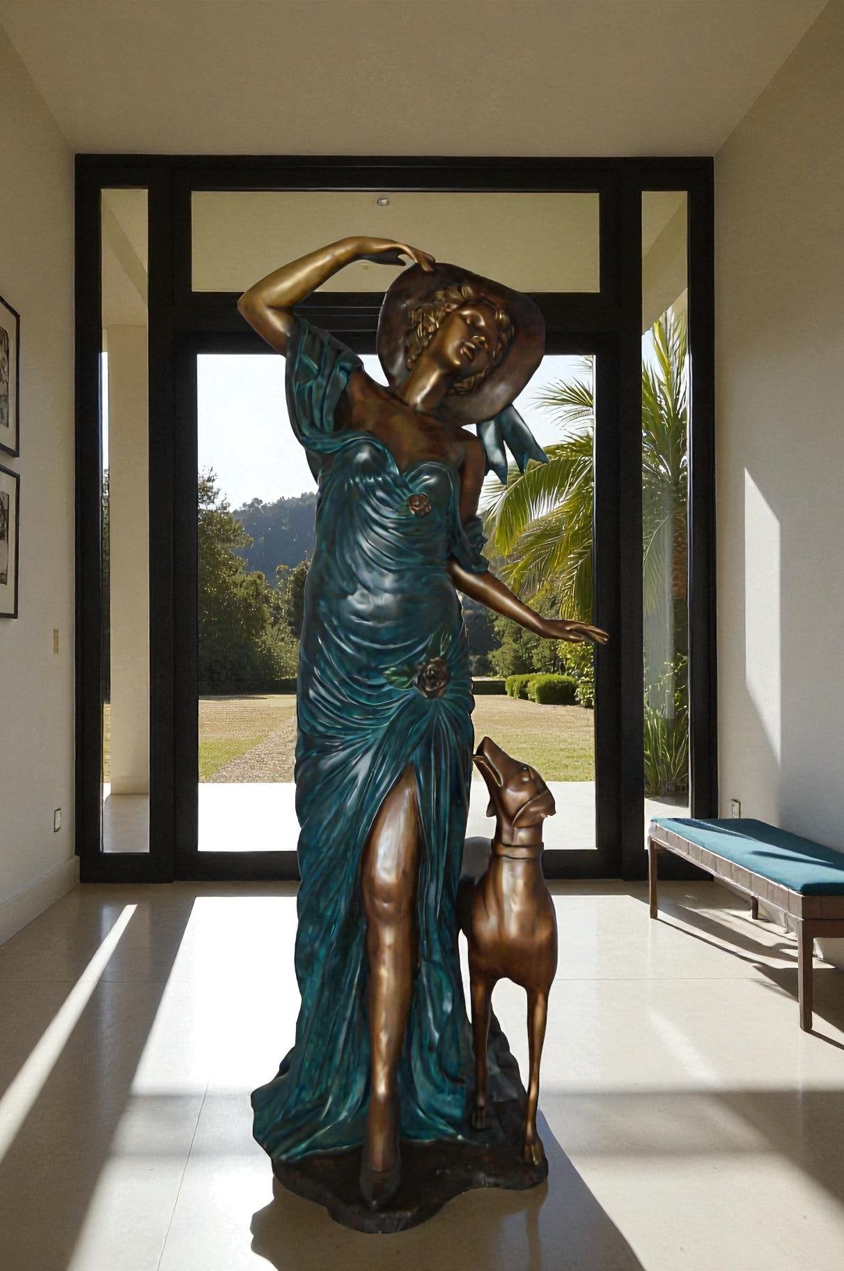 Lady With Her Dog Bronze Statue -  Size: 25"L x 22"W x 50"H.