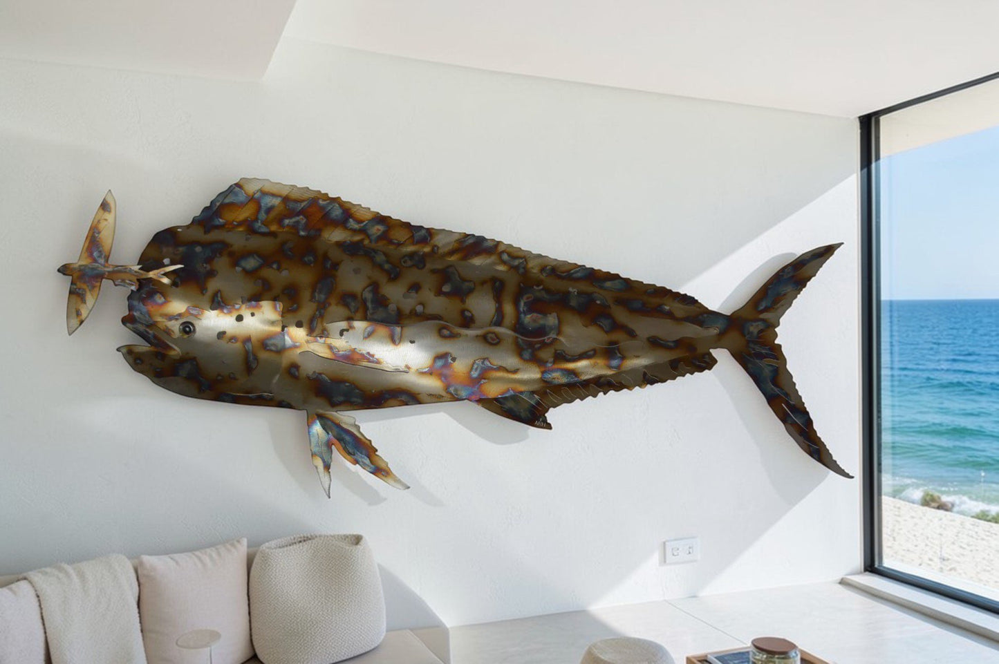 Mahi Mahi catching flying fish made of cut steel - Size: 39"L x 2"W x 12"H.