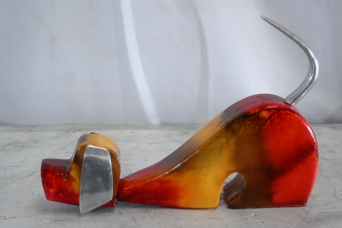 Stretching Dog Sculpture Painted Wood with Aluminum Ears 2"x14"x10"H