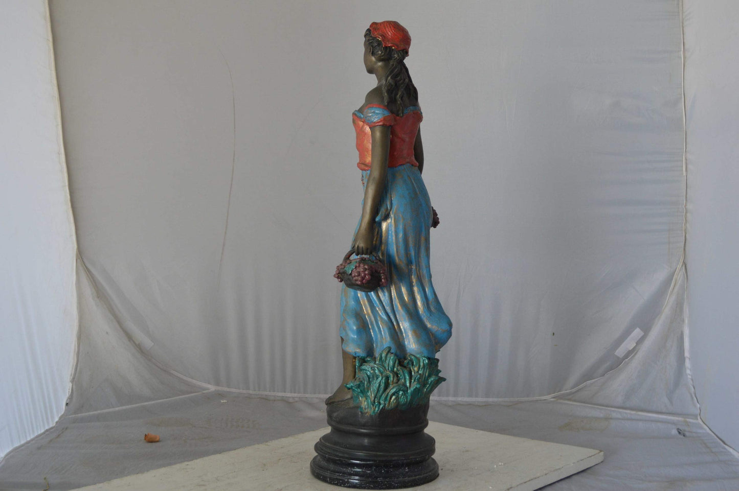 Beautiful lady with grapes bronze statue  - Size: 14"L x 6"W x 20"H.