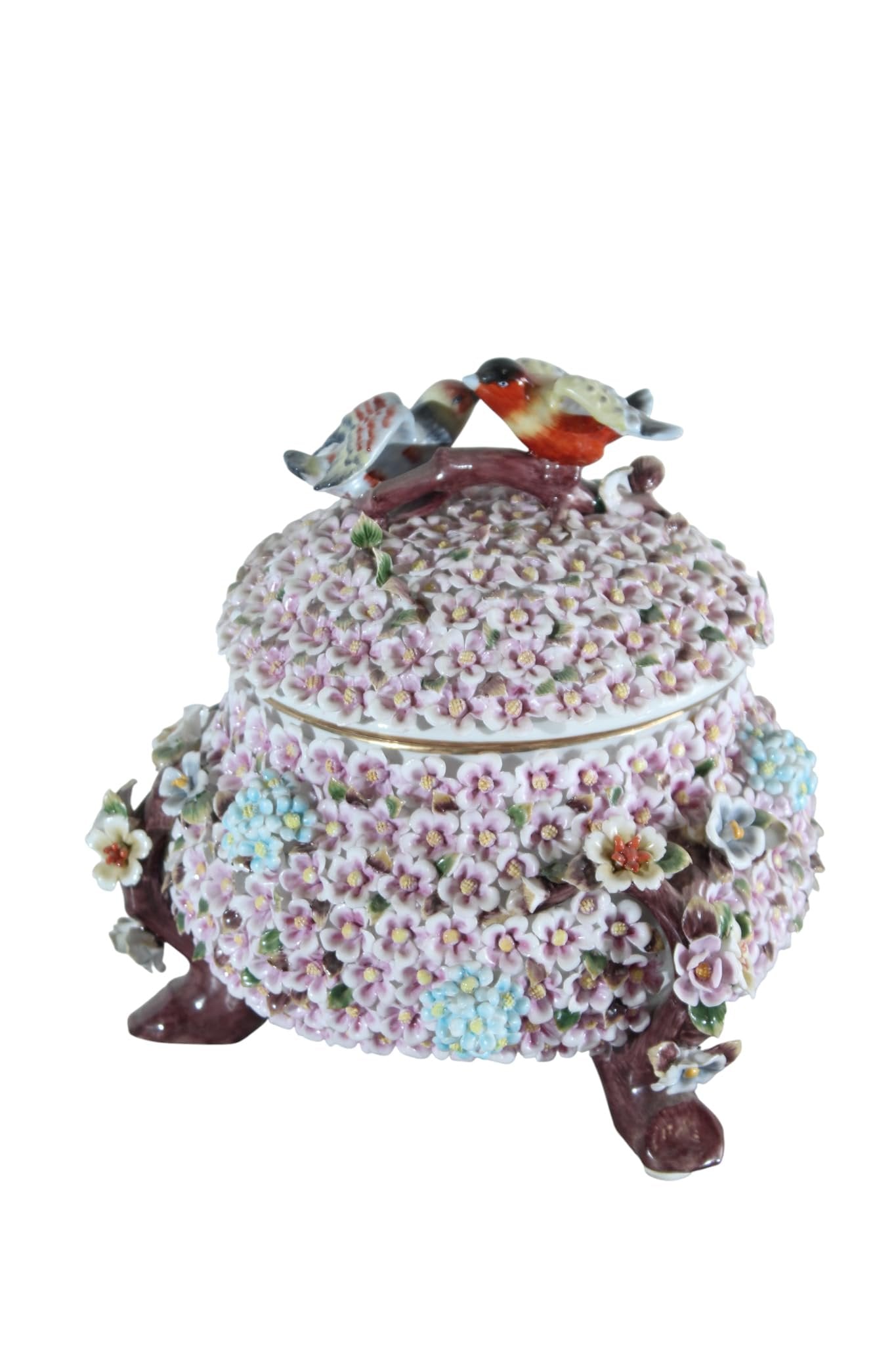 NIFAO Porcelain floral covered box with birds on lid 10"x10"x11"H