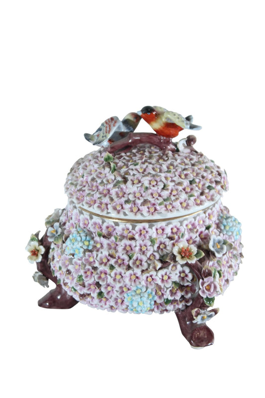 NIFAO Porcelain floral covered box with birds on lid 10"x10"x11"H