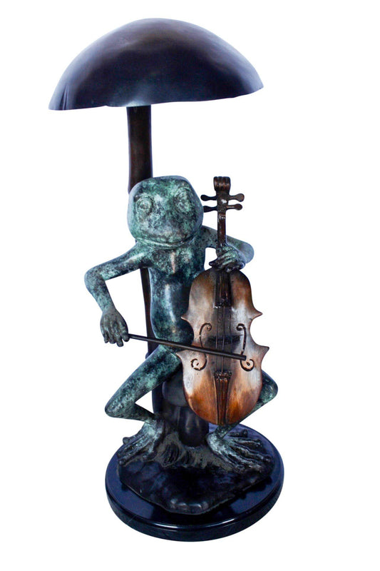 Frog playing cello under mushroom bronze statue -  Size: 10"L x 10"W x 24"H.