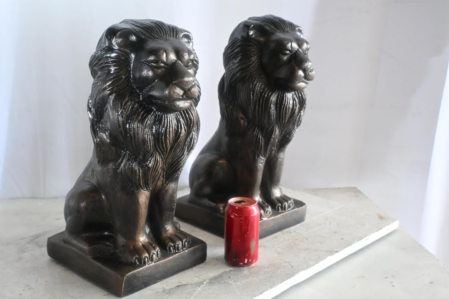 Pair of Aluminum Sitting Lion Statues Bronze Finish 19In 17"x12"x19"H