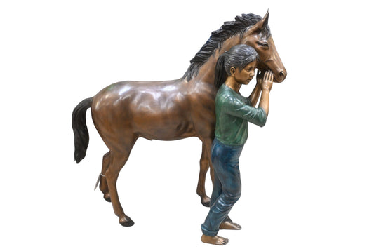 Young Girl and her pony Bronze Statue -  Size: 48"L x 20"W x 48"H.