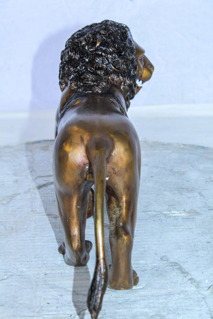 Small Bronze Lion Sculpture Walking Pose Animal Art 15" x 5" x 8"H