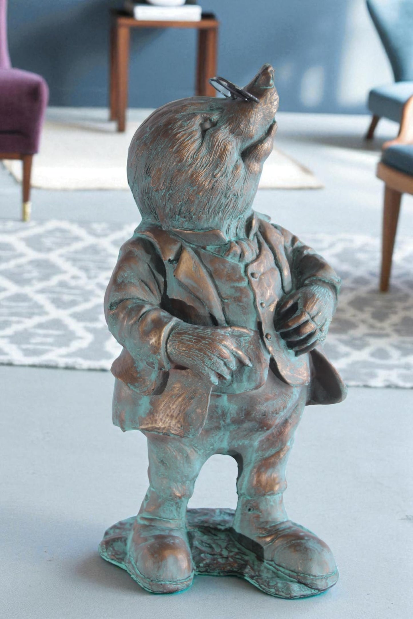 NIFAO Resin Mole Statue with Glasses Bronze Look Green Patina 8" x 7" x 22"H