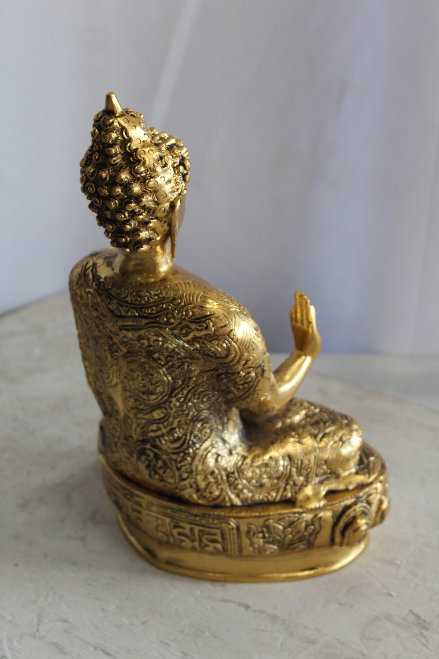 Tibetan Buddha Aluminum Sculpture in Radiant Gold Finish 10" x 7" x 14"H