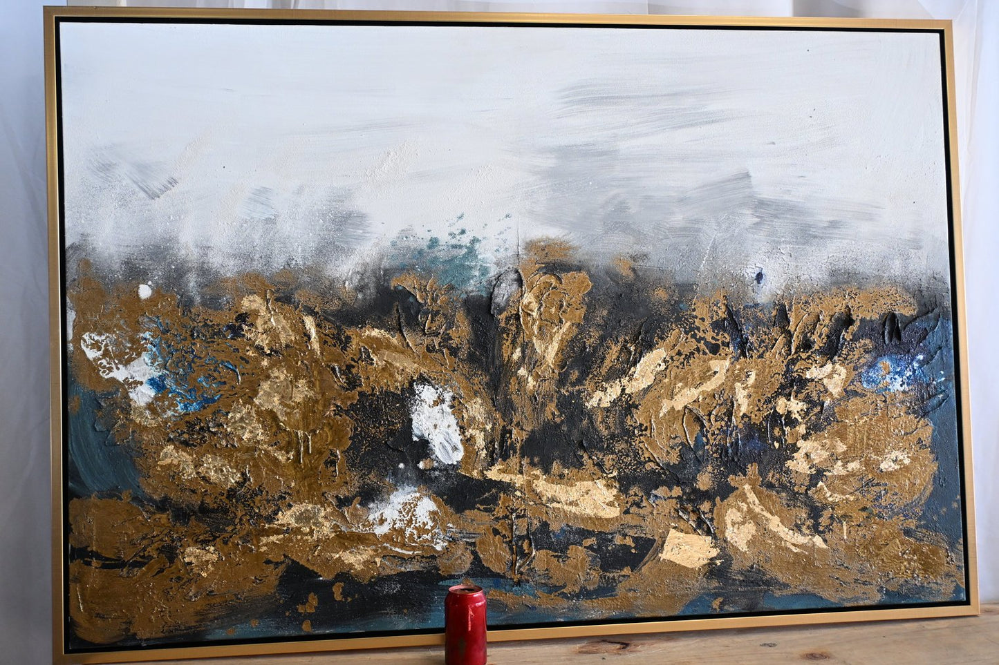 Steel Symphony Abstract Canvas Painting Gold Teal Framed 41"x61"