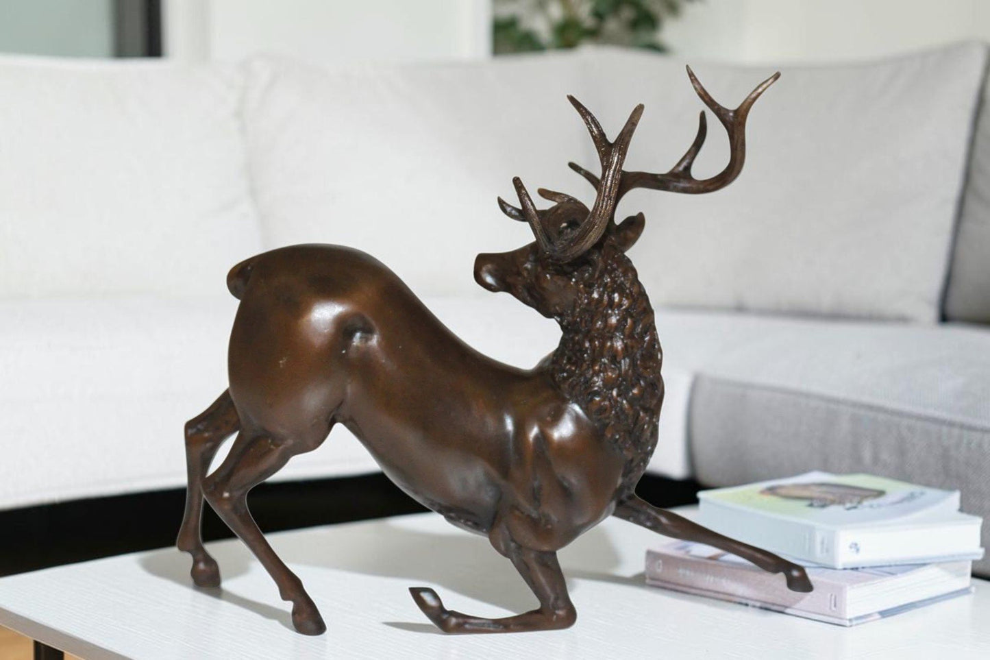 Deer Bronze Statue -  Size: 12"L x 5"W x 10.5"H.