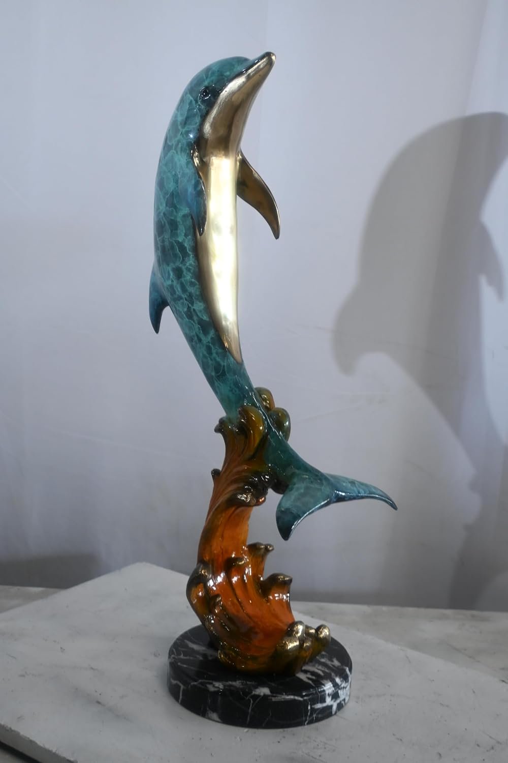 Bronze Leaping Dolphin Sculpture on Wave Base 25"x24"x40"H