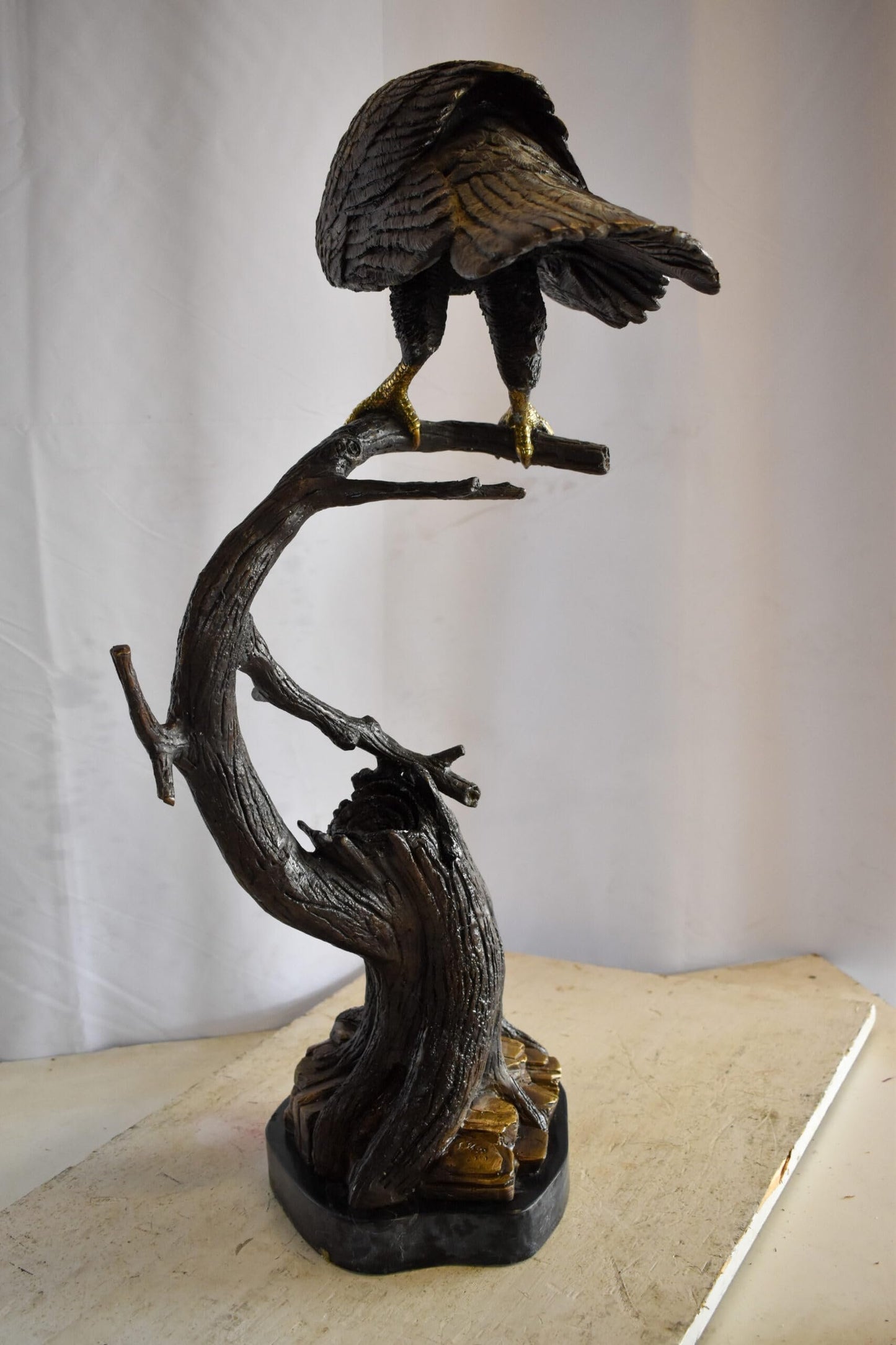 Observant Hawk on Arched Branch Bronze Statue 17" x 19" x 32"H