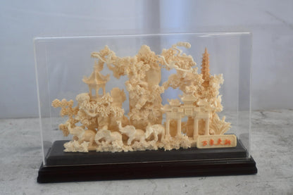 Carved Asian Landscape Diorama with Pagoda in Case 11"x4"x7"H