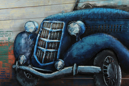 NIFAO 1930s Ford Coupe Inspired Blue Car 3D Metal Wall Art on Wood 79" x 2" x 40"H