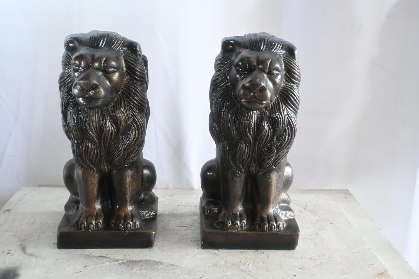 Pair of Aluminum Sitting Lion Statues Bronze Finish 19In 17"x12"x19"H