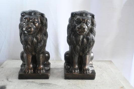 Pair of Aluminum Sitting Lion Statues Bronze Finish 19In 17"x12"x19"H