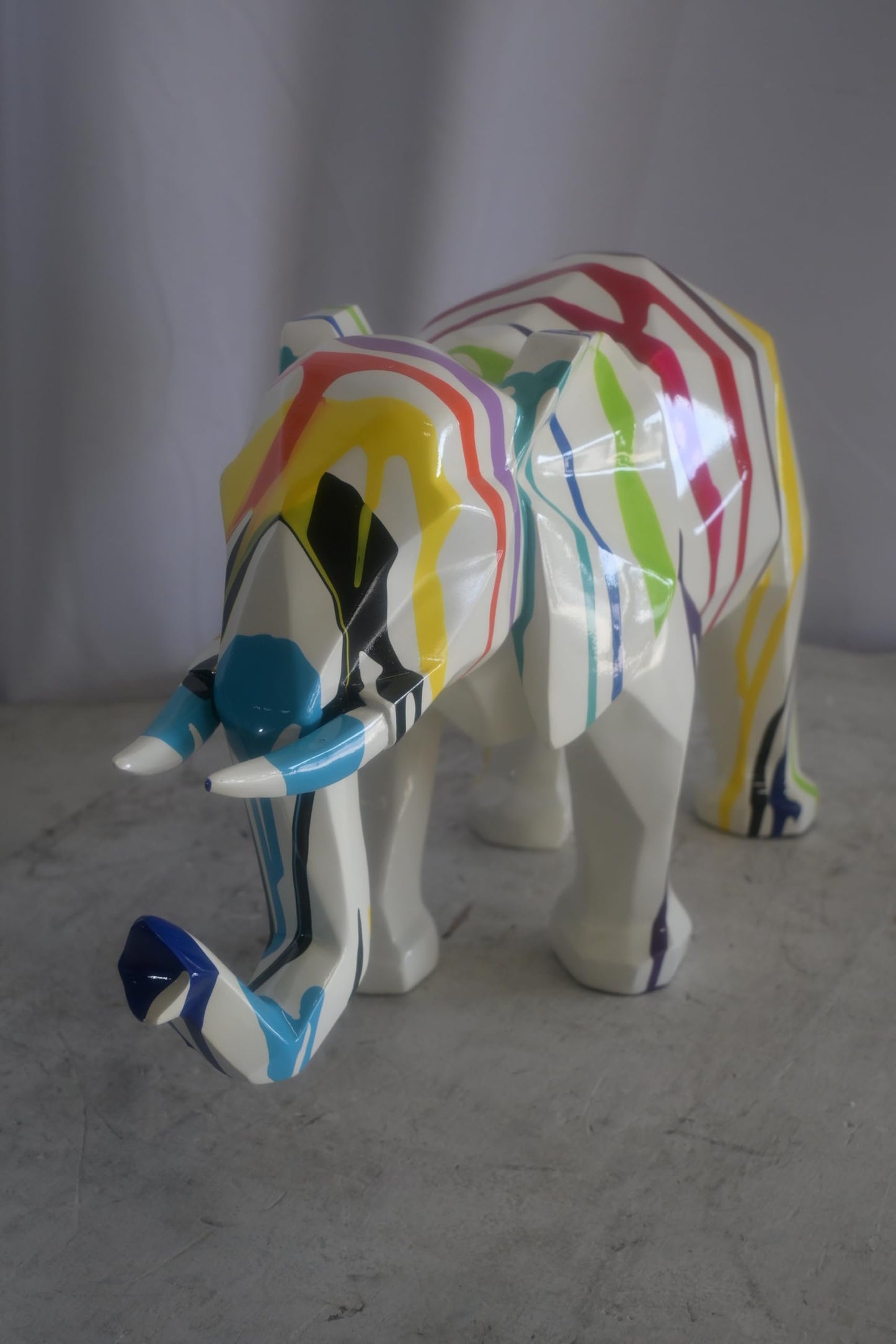 Geometric Resin Elephant Statue with Multicolor Drip Art 22"x8"x12"H