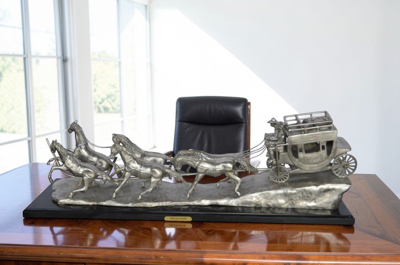 M Russell, Silver Stagecoach Replica Bronze Statue -  Size: 38"L x 10"W x 12"H.