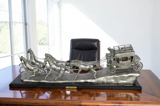 M Russell, Silver Stagecoach Replica Bronze Statue -  Size: 38"L x 10"W x 12"H.