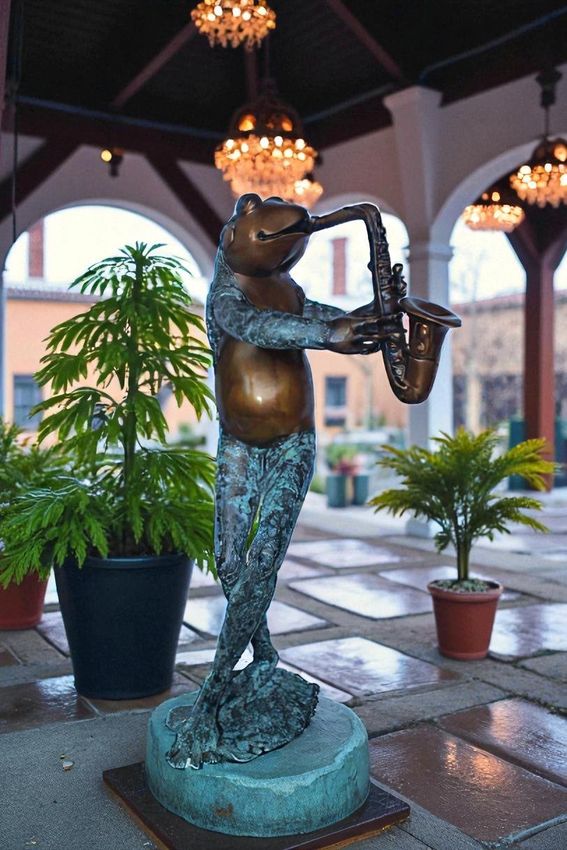 Musical Frog Playing Saxophone Bronze Fountain, Fun home Decor 14" x 9" x 32"H