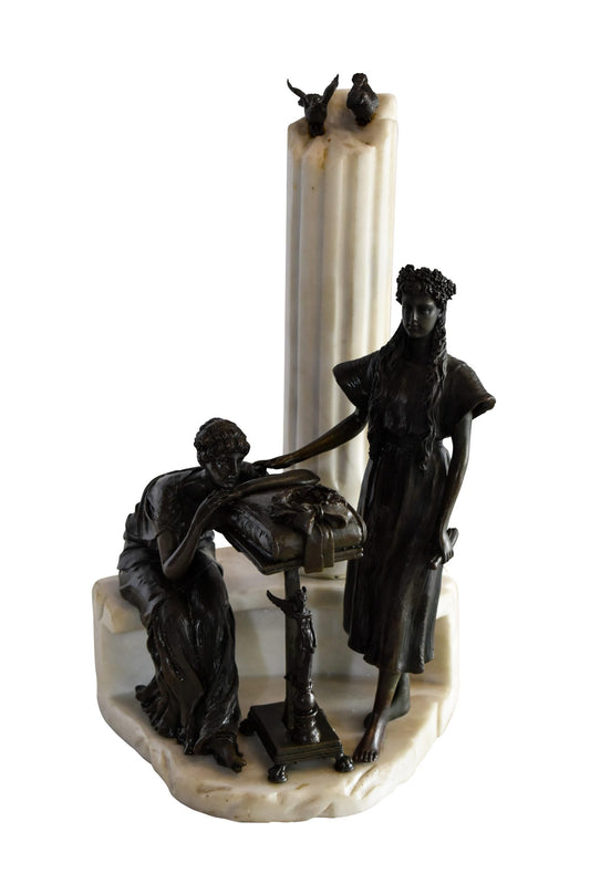 Two Pensive Goddesses by Marbe Pillar Bronze Statue  8" x 8" x 13"H