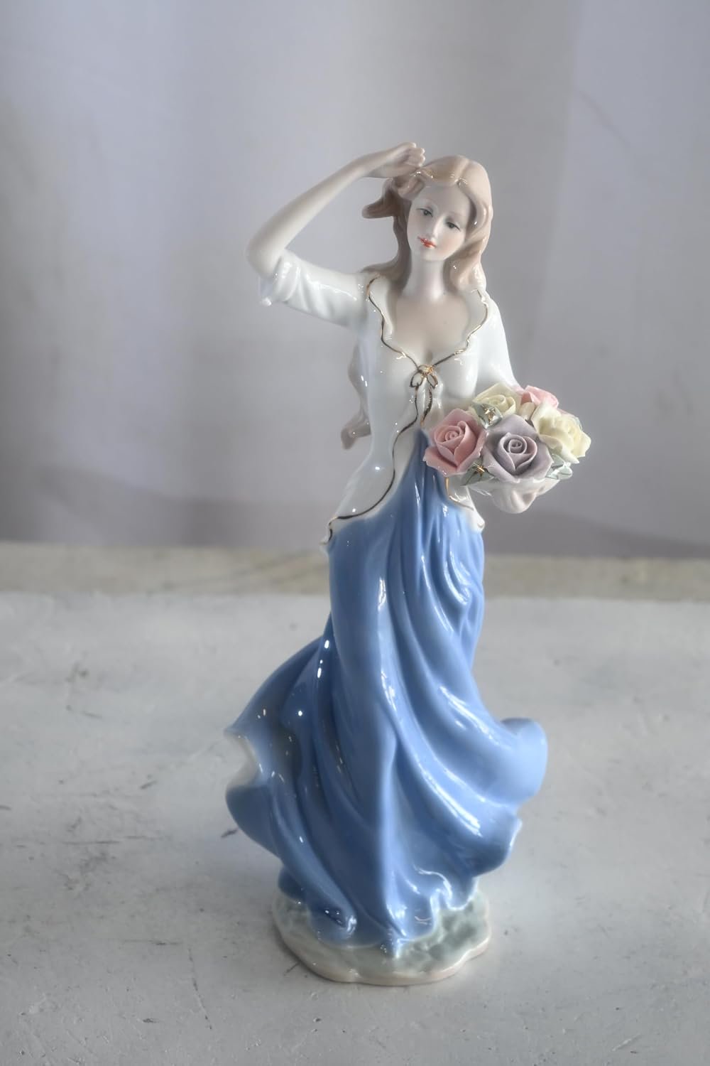 Porcelain Lady White Top Blue Skirt Holding Rose Bouquet 5"x4"x12"H