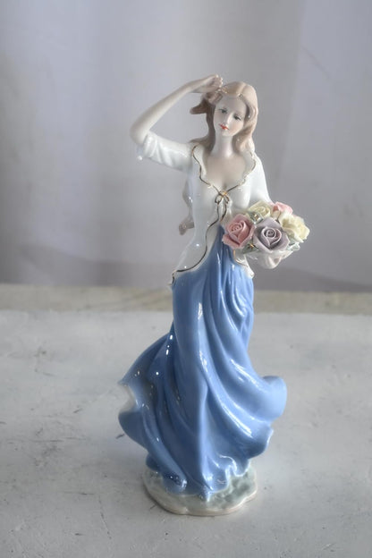 Porcelain Lady White Top Blue Skirt Holding Rose Bouquet 5"x4"x12"H