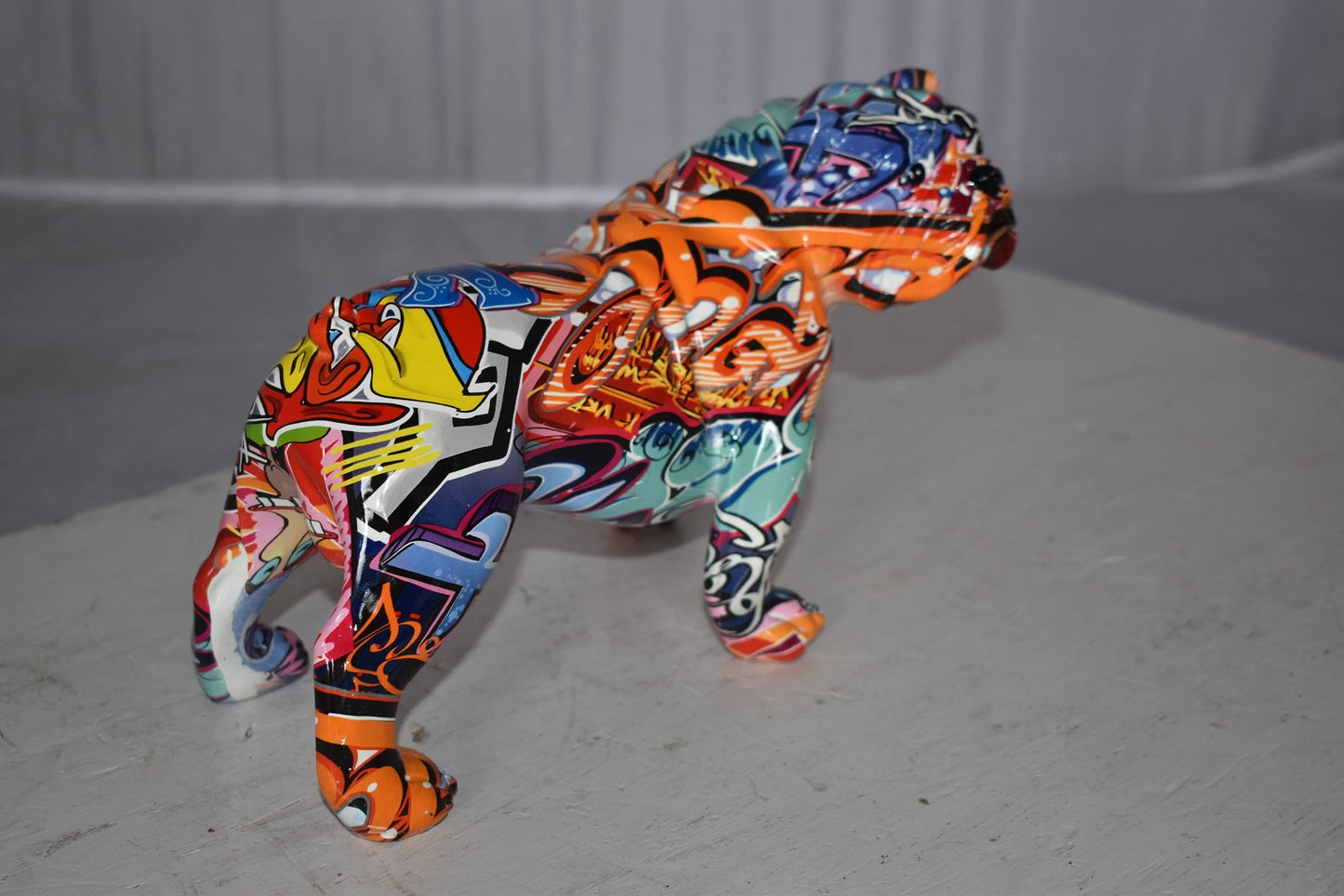 Modern Happy Graffiti Resin Bulldog Statue Looking to the Right  10" x 5" x 7"H