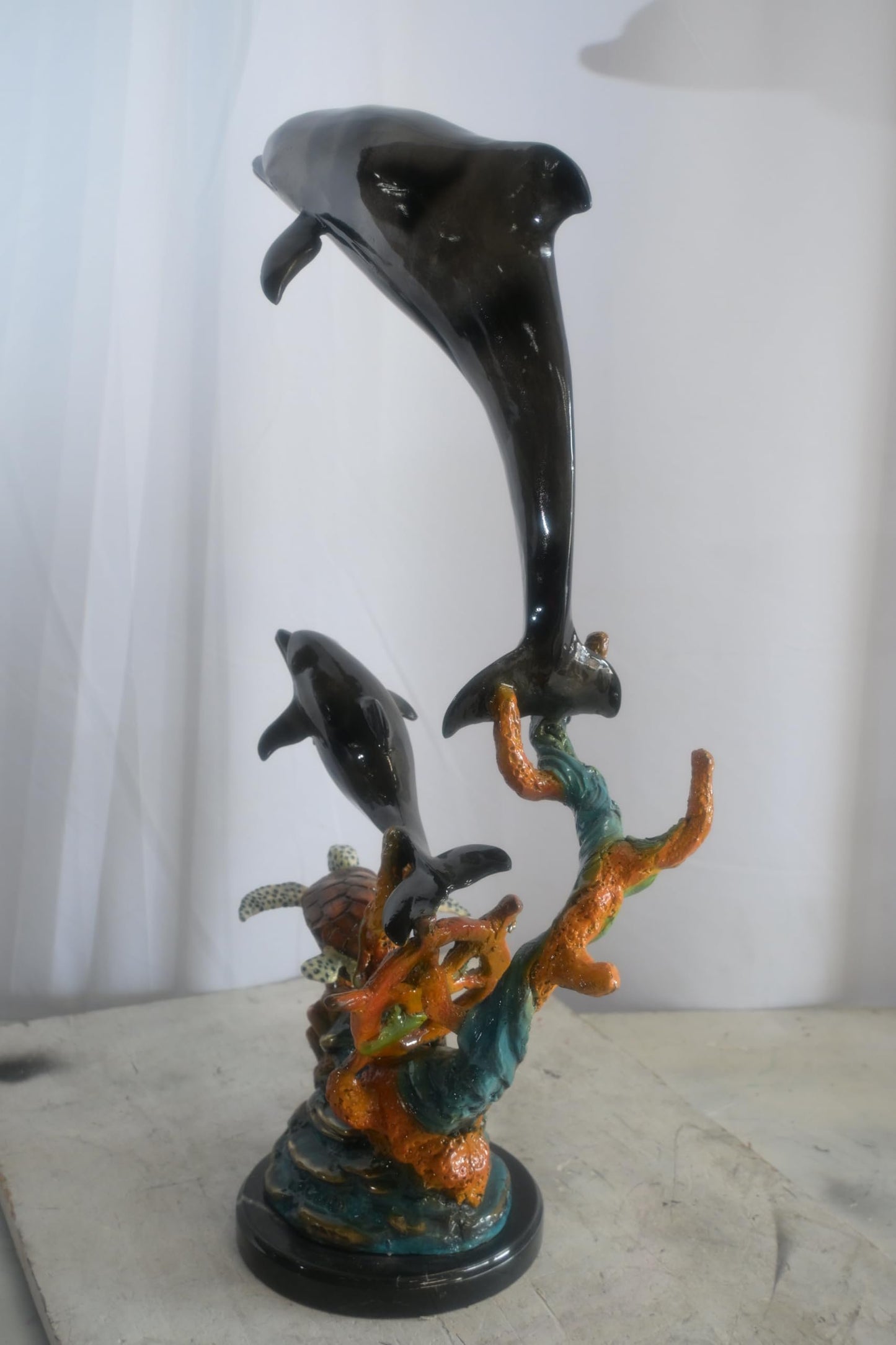 Bronze Dolphin Pair and Sea Turtle Coral Reef Sculpture 15"x9"x29"H