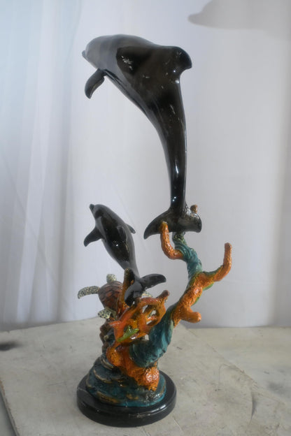 Bronze Dolphin Pair and Sea Turtle Coral Reef Sculpture 15"x9"x29"H