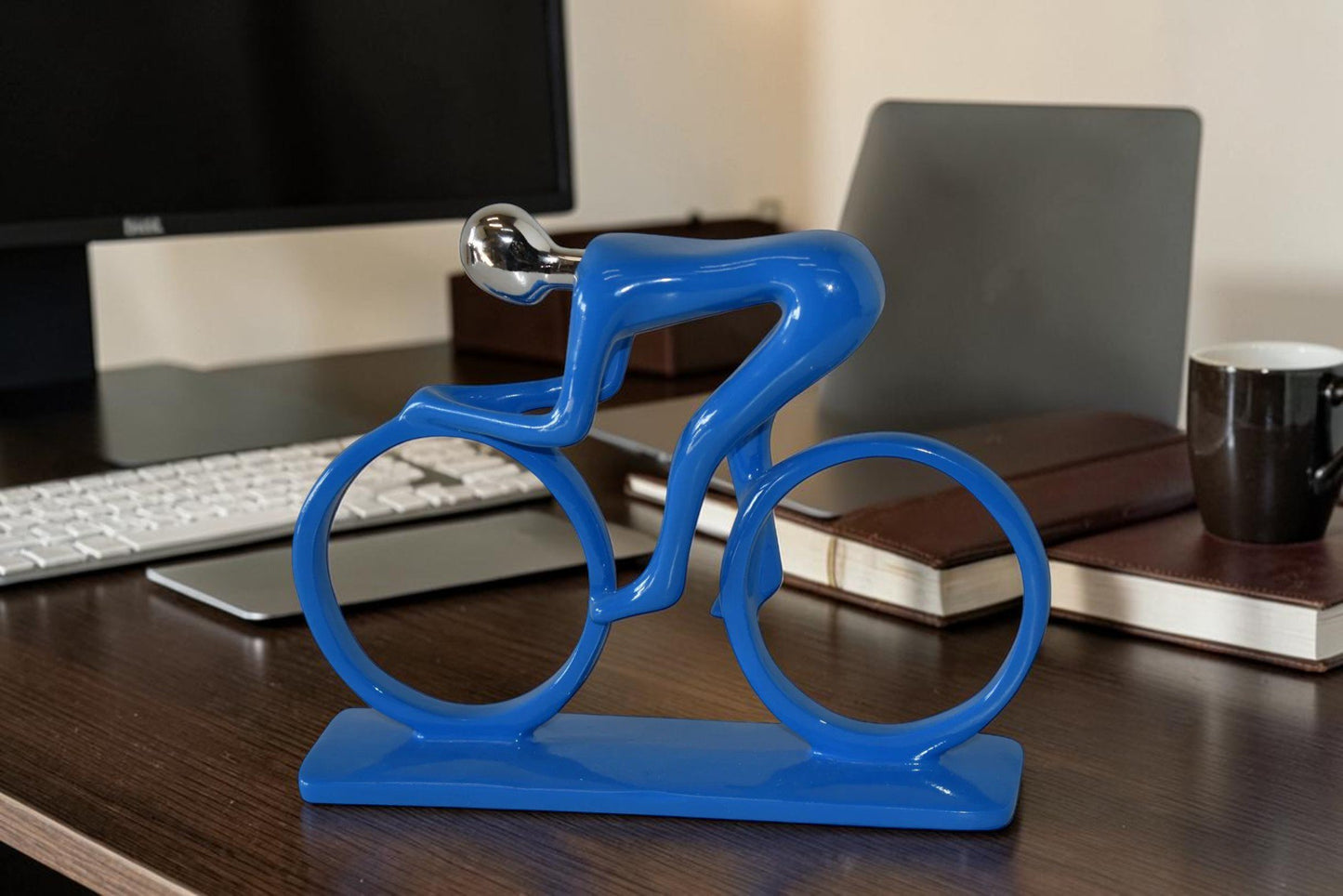 Modern Art Blue Chrome Rider on His Bicycle Resin Statue Size: 8" x 2" x 6"H
