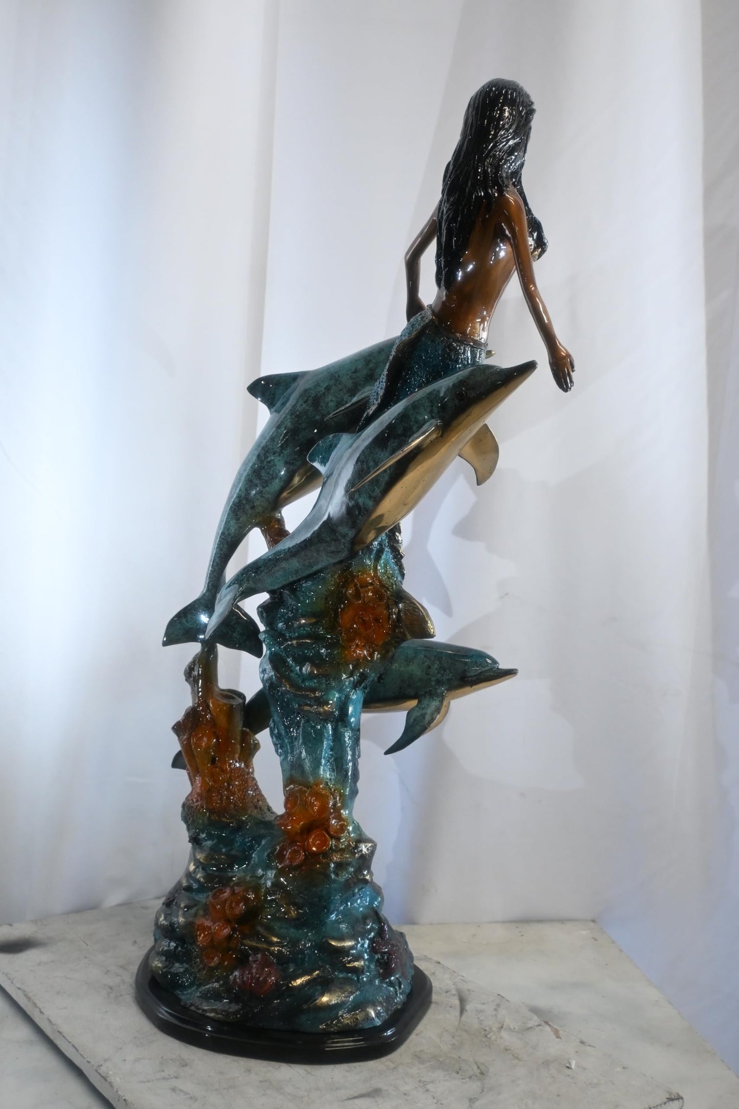 Bronze Mermaid with Dolphins on Coral Reef Sculpture 25"x16"x43"H