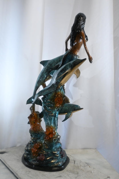 Bronze Mermaid with Dolphins on Coral Reef Sculpture 25"x16"x43"H