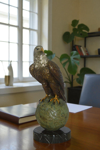 Bald Eagle Standing on a Globe Bronze Statue -  Size: 17"L x 9"W x 23"H.