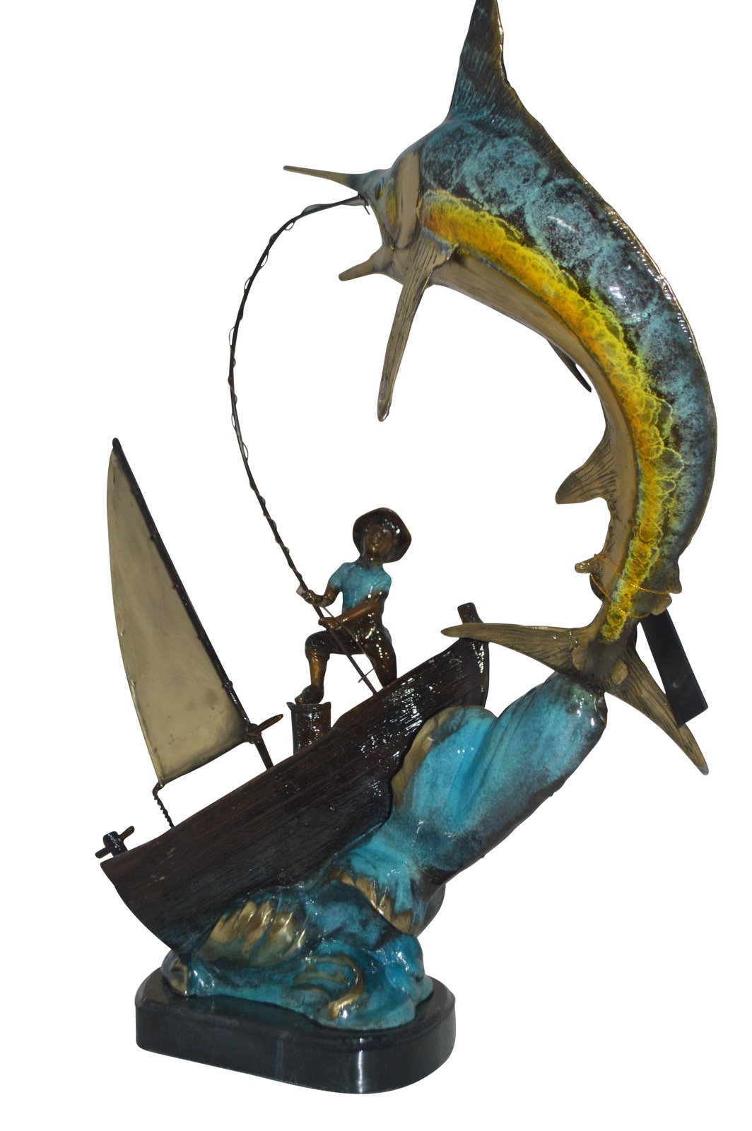 Old Man Fishing a Large Catch Bronze Statue -  Size: 27"L x 13"W x 30"H.